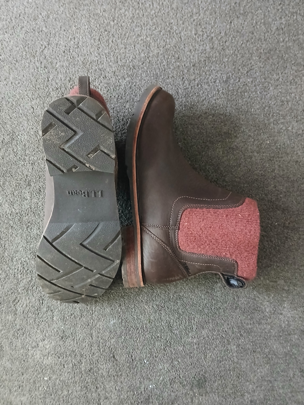 L.L. Bean Brown Leather Ankle Booties with Red Knit Panels